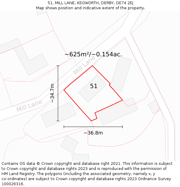 51, MILL LANE, KEGWORTH, DERBY, DE74 2EJ: Plot and title map