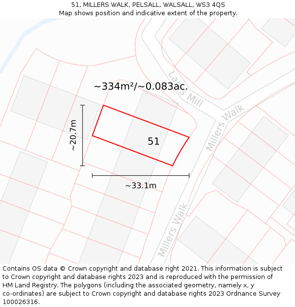 51, MILLERS WALK, PELSALL, WALSALL, WS3 4QS: Plot and title map