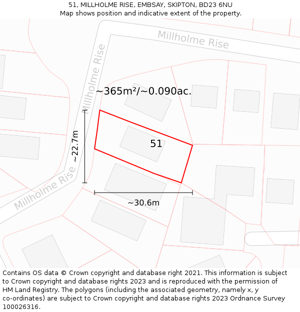 51, MILLHOLME RISE, EMBSAY, SKIPTON, BD23 6NU: Plot and title map