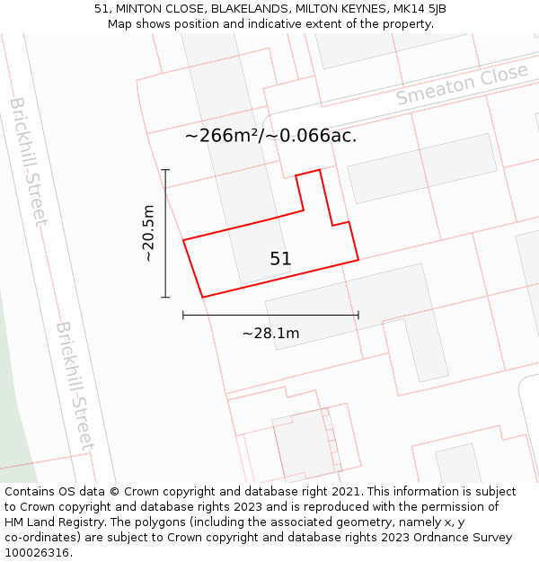 51, MINTON CLOSE, BLAKELANDS, MILTON KEYNES, MK14 5JB: Plot and title map