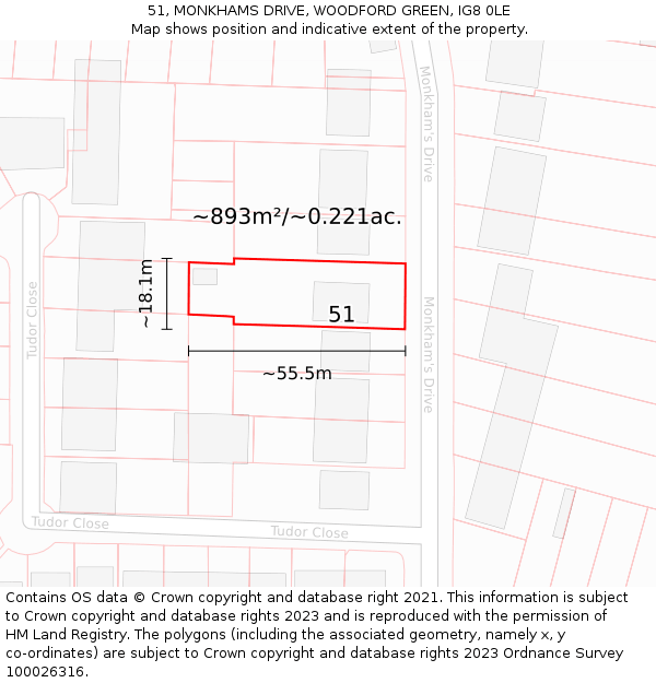 51, MONKHAMS DRIVE, WOODFORD GREEN, IG8 0LE: Plot and title map
