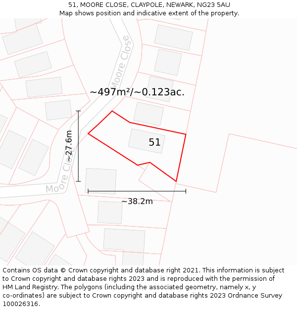 51, MOORE CLOSE, CLAYPOLE, NEWARK, NG23 5AU: Plot and title map