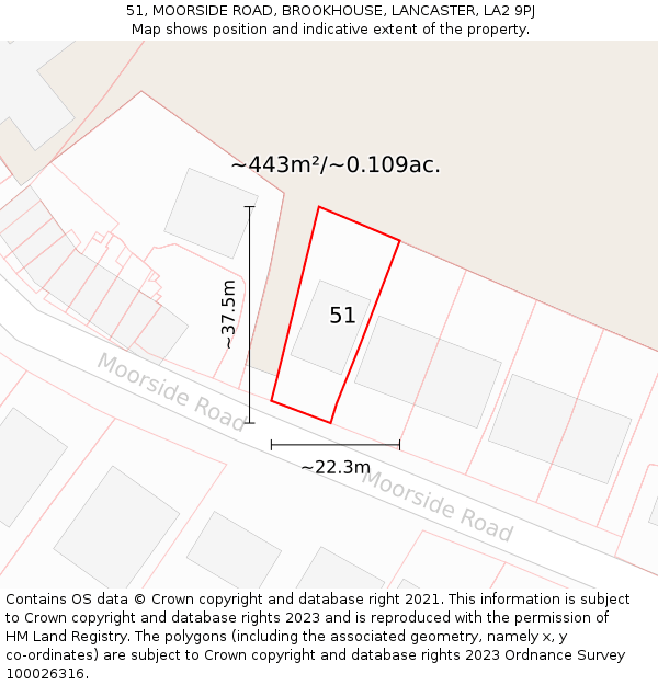 51, MOORSIDE ROAD, BROOKHOUSE, LANCASTER, LA2 9PJ: Plot and title map