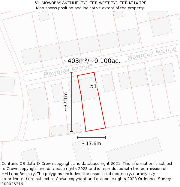 51, MOWBRAY AVENUE, BYFLEET, WEST BYFLEET, KT14 7PF: Plot and title map