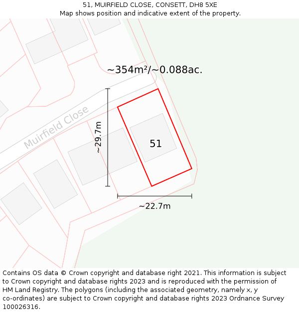 51, MUIRFIELD CLOSE, CONSETT, DH8 5XE: Plot and title map