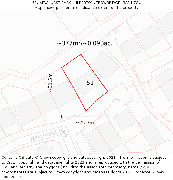 51, NEWHURST PARK, HILPERTON, TROWBRIDGE, BA14 7QU: Plot and title map