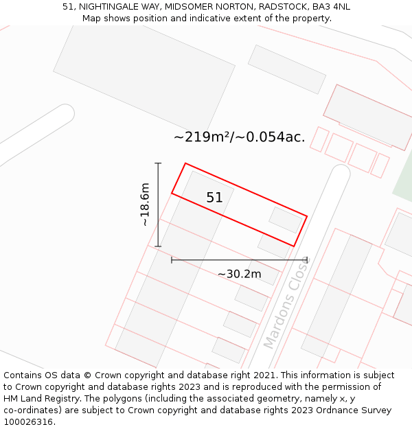 51, NIGHTINGALE WAY, MIDSOMER NORTON, RADSTOCK, BA3 4NL: Plot and title map