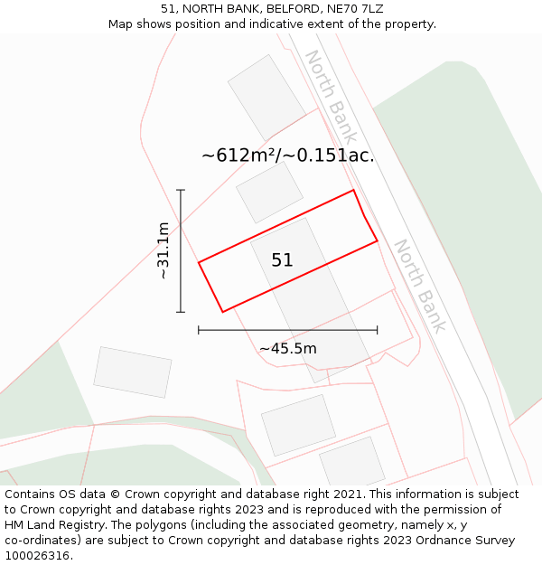 51, NORTH BANK, BELFORD, NE70 7LZ: Plot and title map