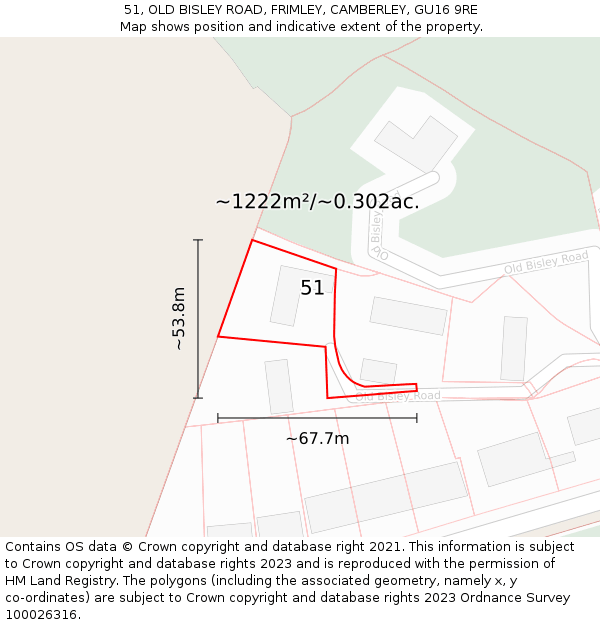 51, OLD BISLEY ROAD, FRIMLEY, CAMBERLEY, GU16 9RE: Plot and title map