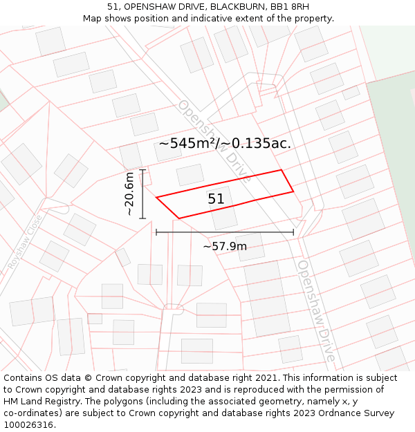 51, OPENSHAW DRIVE, BLACKBURN, BB1 8RH: Plot and title map