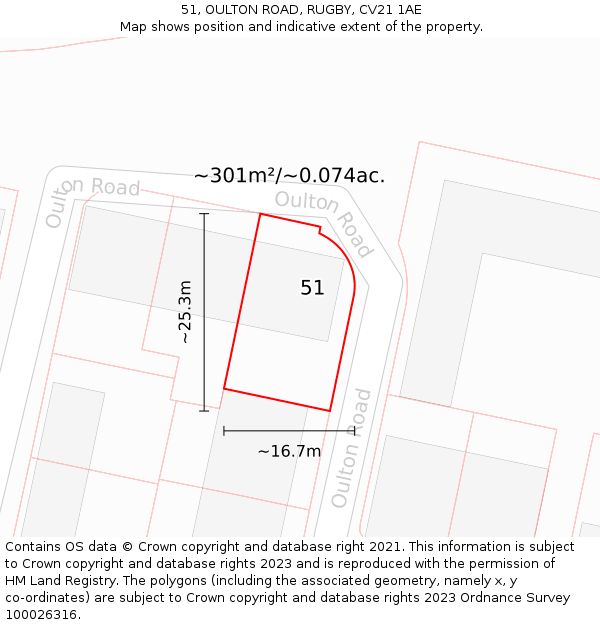 51, OULTON ROAD, RUGBY, CV21 1AE: Plot and title map