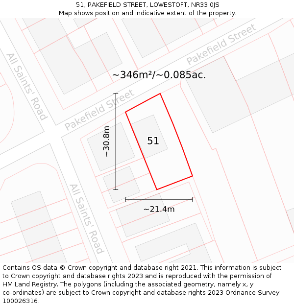 51, PAKEFIELD STREET, LOWESTOFT, NR33 0JS: Plot and title map