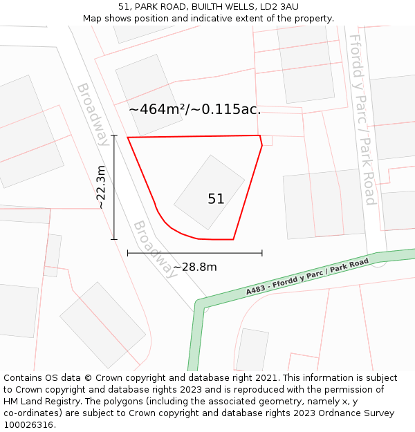 51, PARK ROAD, BUILTH WELLS, LD2 3AU: Plot and title map