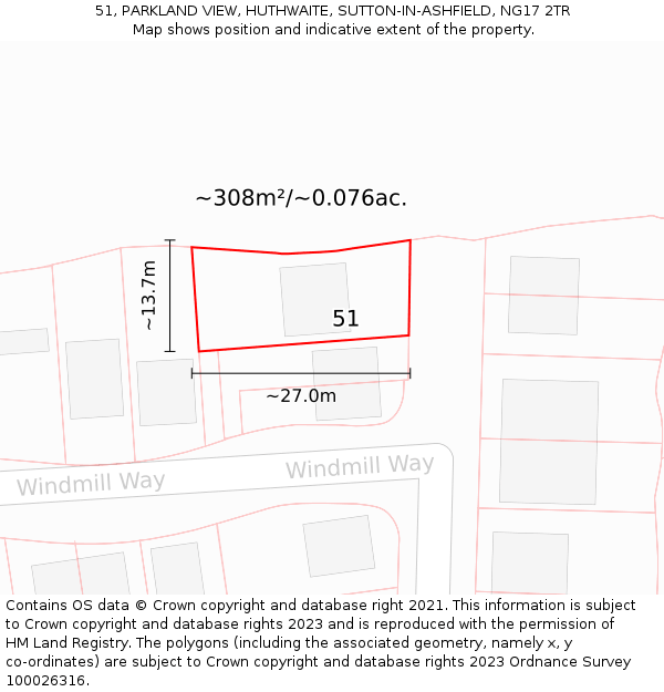51, PARKLAND VIEW, HUTHWAITE, SUTTON-IN-ASHFIELD, NG17 2TR: Plot and title map