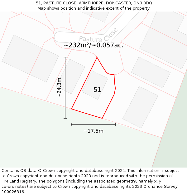 51, PASTURE CLOSE, ARMTHORPE, DONCASTER, DN3 3DQ: Plot and title map