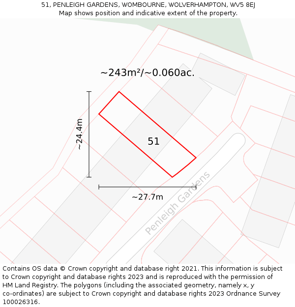 51, PENLEIGH GARDENS, WOMBOURNE, WOLVERHAMPTON, WV5 8EJ: Plot and title map