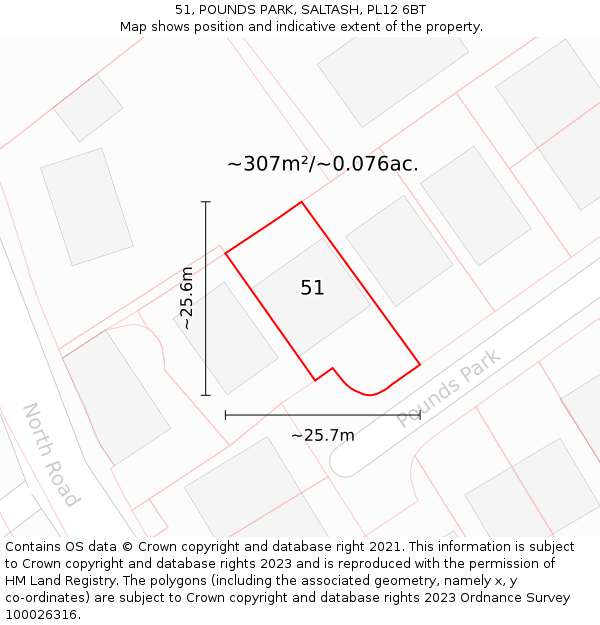 51, POUNDS PARK, SALTASH, PL12 6BT: Plot and title map