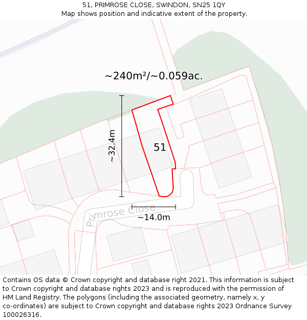 51, PRIMROSE CLOSE, SWINDON, SN25 1QY: Plot and title map