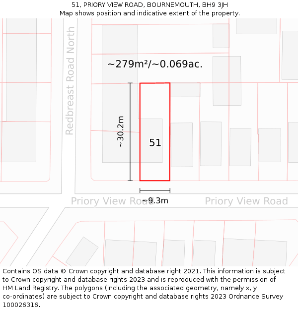 51, PRIORY VIEW ROAD, BOURNEMOUTH, BH9 3JH: Plot and title map