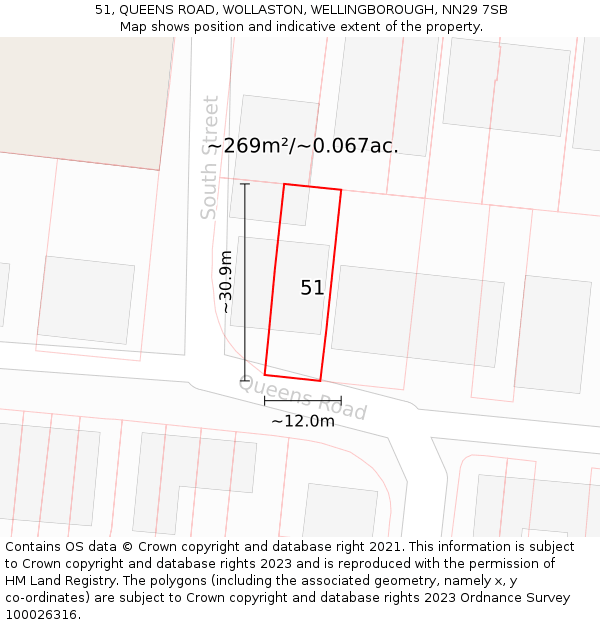 51, QUEENS ROAD, WOLLASTON, WELLINGBOROUGH, NN29 7SB: Plot and title map