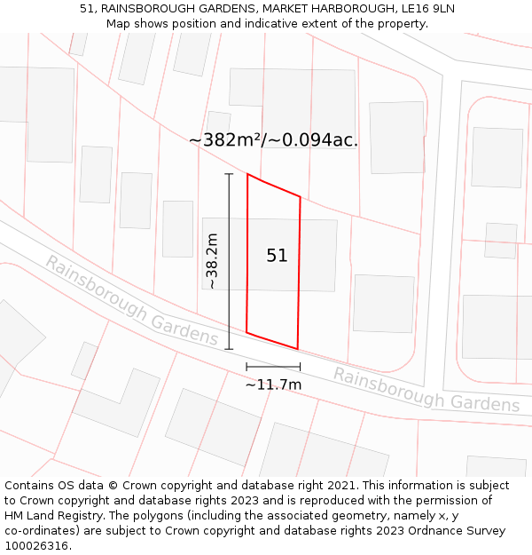51, RAINSBOROUGH GARDENS, MARKET HARBOROUGH, LE16 9LN: Plot and title map