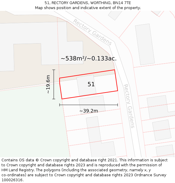 51, RECTORY GARDENS, WORTHING, BN14 7TE: Plot and title map