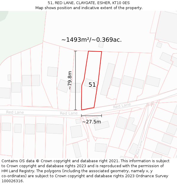 51, RED LANE, CLAYGATE, ESHER, KT10 0ES: Plot and title map