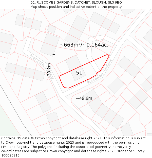 51, RUSCOMBE GARDENS, DATCHET, SLOUGH, SL3 9BQ: Plot and title map