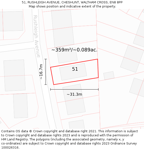 51, RUSHLEIGH AVENUE, CHESHUNT, WALTHAM CROSS, EN8 8PP: Plot and title map