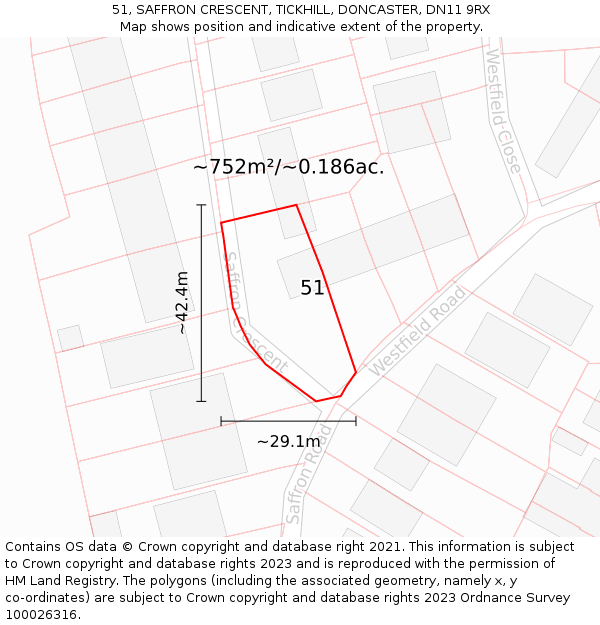51, SAFFRON CRESCENT, TICKHILL, DONCASTER, DN11 9RX: Plot and title map