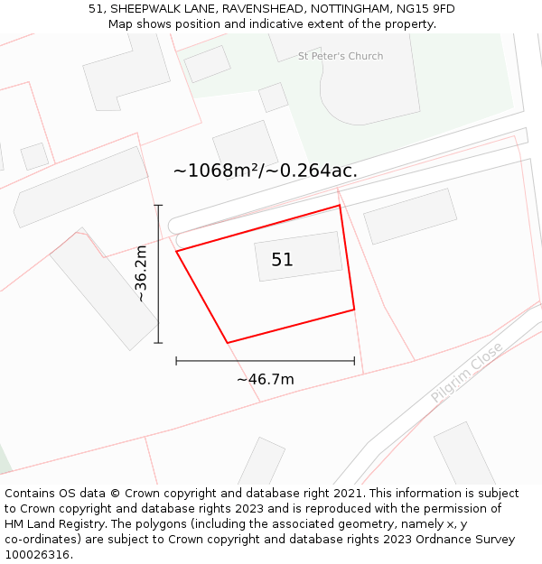 51, SHEEPWALK LANE, RAVENSHEAD, NOTTINGHAM, NG15 9FD: Plot and title map