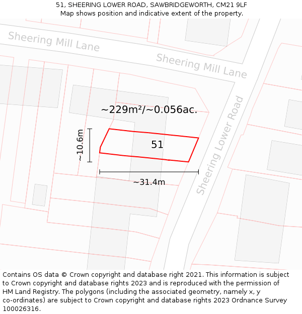 51, SHEERING LOWER ROAD, SAWBRIDGEWORTH, CM21 9LF: Plot and title map