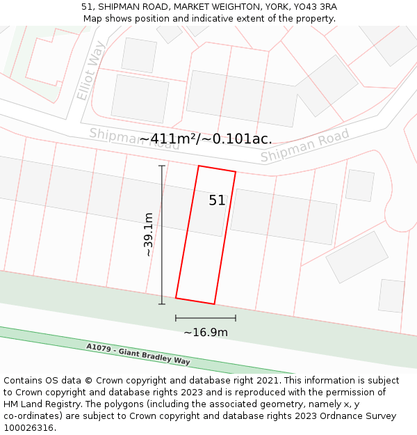 51, SHIPMAN ROAD, MARKET WEIGHTON, YORK, YO43 3RA: Plot and title map