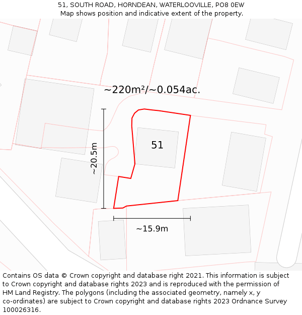 51, SOUTH ROAD, HORNDEAN, WATERLOOVILLE, PO8 0EW: Plot and title map