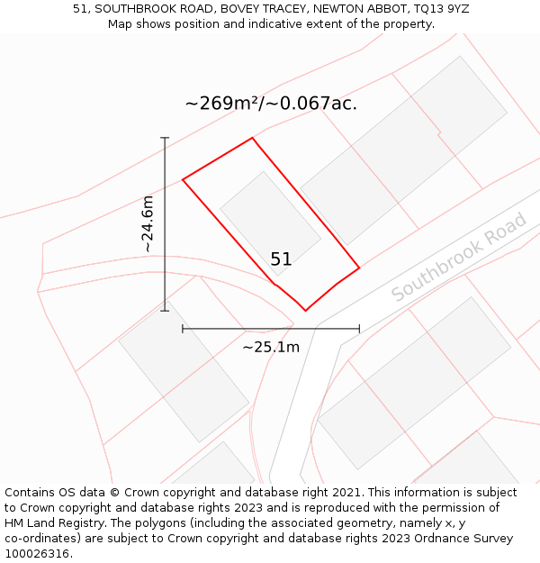 51, SOUTHBROOK ROAD, BOVEY TRACEY, NEWTON ABBOT, TQ13 9YZ: Plot and title map