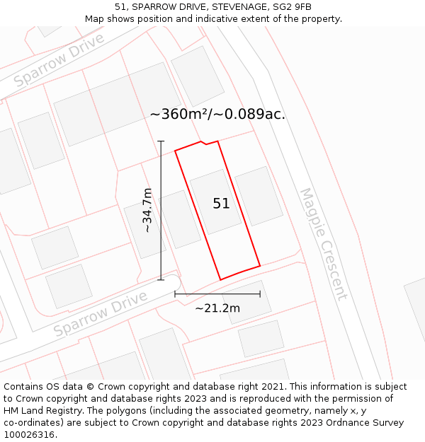 51, SPARROW DRIVE, STEVENAGE, SG2 9FB: Plot and title map