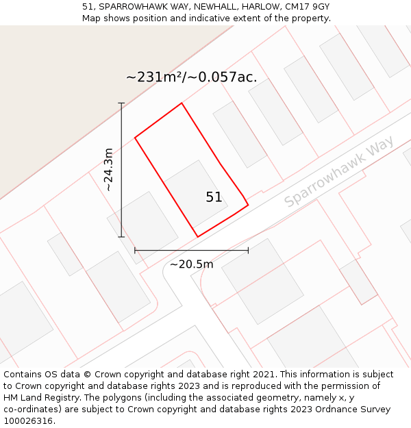 51, SPARROWHAWK WAY, NEWHALL, HARLOW, CM17 9GY: Plot and title map