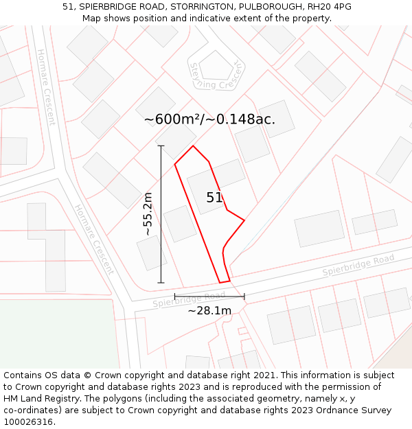 51, SPIERBRIDGE ROAD, STORRINGTON, PULBOROUGH, RH20 4PG: Plot and title map