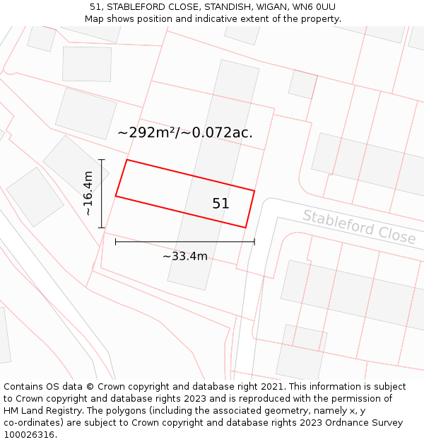 51, STABLEFORD CLOSE, STANDISH, WIGAN, WN6 0UU: Plot and title map