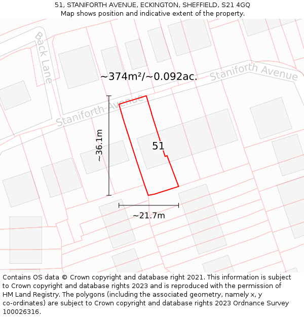51, STANIFORTH AVENUE, ECKINGTON, SHEFFIELD, S21 4GQ: Plot and title map