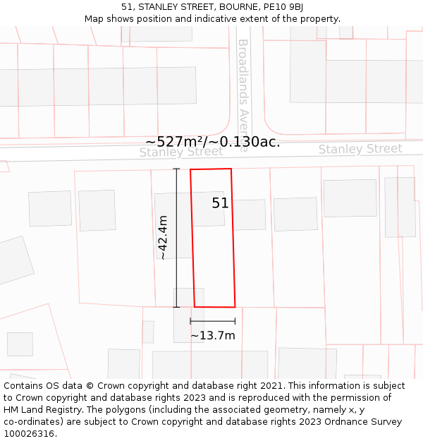 51, STANLEY STREET, BOURNE, PE10 9BJ: Plot and title map