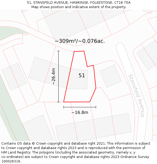 51, STANSFELD AVENUE, HAWKINGE, FOLKESTONE, CT18 7SA: Plot and title map