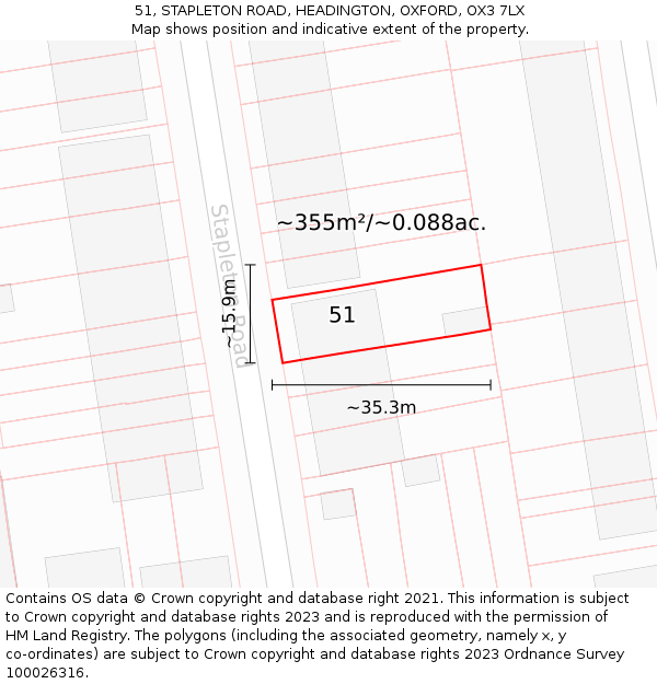 51, STAPLETON ROAD, HEADINGTON, OXFORD, OX3 7LX: Plot and title map