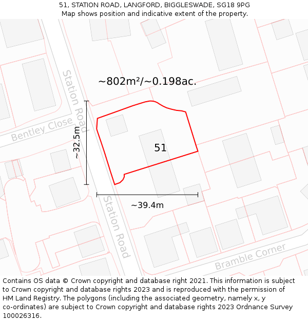 51, STATION ROAD, LANGFORD, BIGGLESWADE, SG18 9PG: Plot and title map