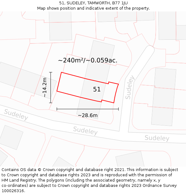 51, SUDELEY, TAMWORTH, B77 1JU: Plot and title map