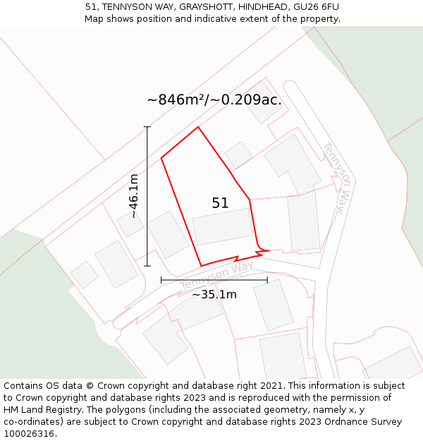 51, TENNYSON WAY, GRAYSHOTT, HINDHEAD, GU26 6FU: Plot and title map