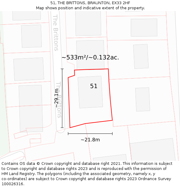 51, THE BRITTONS, BRAUNTON, EX33 2HF: Plot and title map