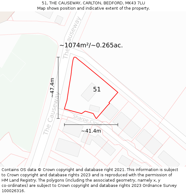 51, THE CAUSEWAY, CARLTON, BEDFORD, MK43 7LU: Plot and title map