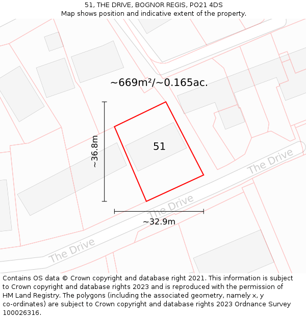 51, THE DRIVE, BOGNOR REGIS, PO21 4DS: Plot and title map