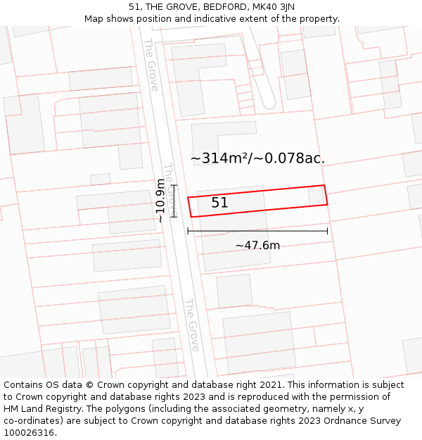 51, THE GROVE, BEDFORD, MK40 3JN: Plot and title map